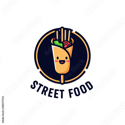 Playful cartoon-style street food logo featuring a smiling wrap with fries and vegetables in a circular badge design