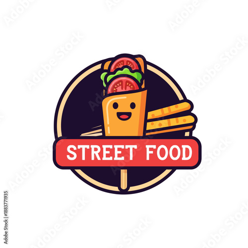 Vibrant, playful illustration showcasing a cheerful street food icon with fresh ingredients and crispy snacks representing