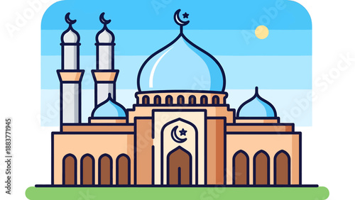 Mosque Building with Domes and Minarets.