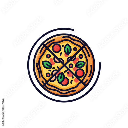 Colorful cartoon-style pizza with pepperoni olives and green peppers perfect for cheerful culinary illustrations