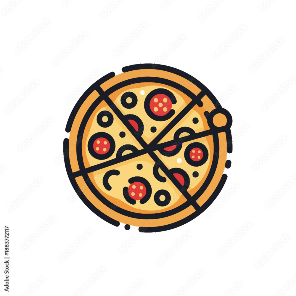 Fototapeta premium Simple illustrated pizza with pepperoni slices divided into equal slices on a white background