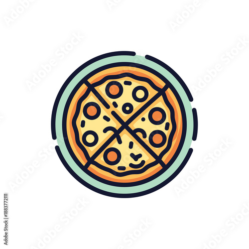 Cartoon-style pizza illustration featuring multiple toppings and crossed slices in a playful graphic design for food-themed