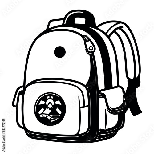 vector A detailed black and white illustration presents a sturdy backpack with multiple compartments and a distinct round emblem, ready for adventure or daily use.