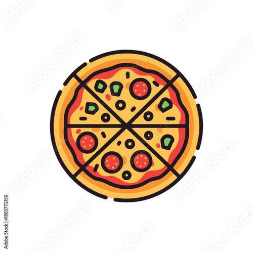 Delightful cartoon style pizza with pepperoni and green peppers topped with cheese on a thin crust in a playful illustration