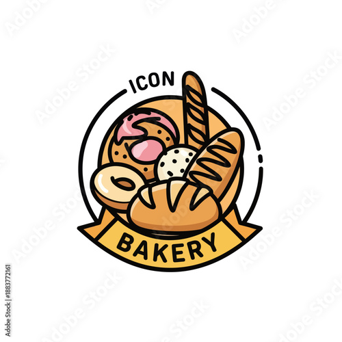 Whimsical bakery icon featuring assorted bread and pastries with playful design elements reflecting a vibrant bakery theme with