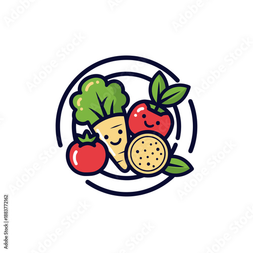 Vibrant Cartoon Assorted Fresh Fruits and Vegetables for Healthy Eating