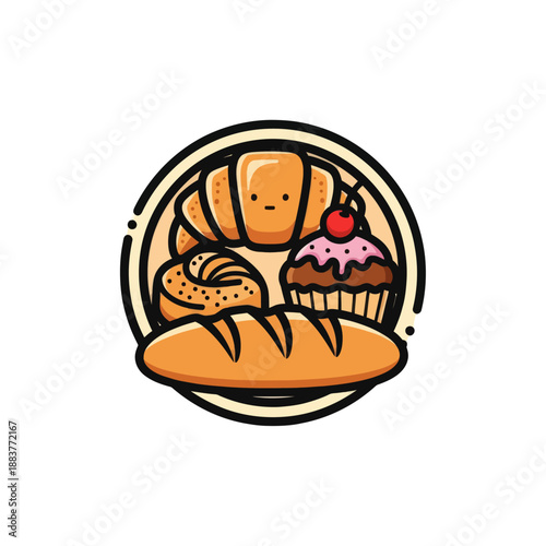 Delicious assortment of baked goods with croissants, bread, and a sweet cupcake featuring a cherry on top for a cozy bakery scene