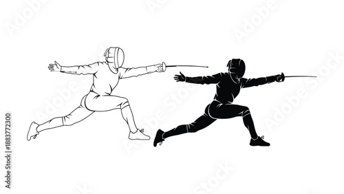 Three fencers in different colored uniforms are engaged in a fencing match
