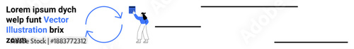 Workflow, teamwork, process optimization, business strategy, user interaction, digital tools. Person using device with arrows in a circular flow. Workflow and teamwork