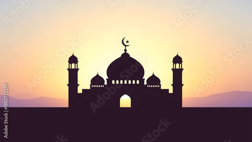 Silhouette of Mosque with Crescent Moon.