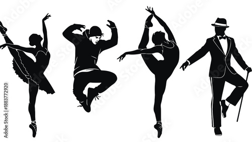 Silhouettes of four dancers in various poses on a white background