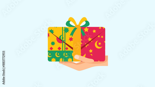 Hand holding colorful wrapped gift boxes.