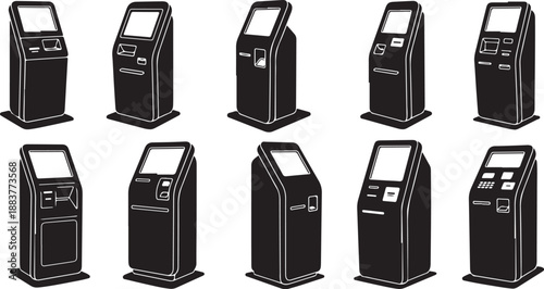 Various Self Service Kiosks in Black and White Illustration