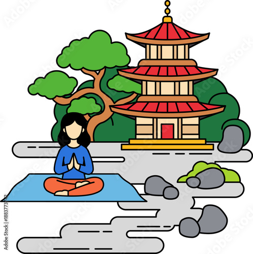 A woman is sitting on a mat in zen garden