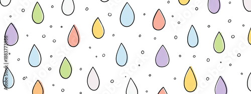 A black background is filled with various colorful raindrops in soft pastel shades, falling randomly