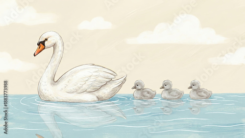Gentle illustration of a mother swan leading three gray cygnets on calm blue water. A heartwarming family scene in a soft, pastel hand-drawn style ideal for children's content.