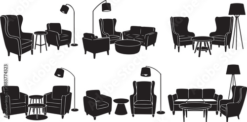 Various black furniture sets with lamps on white background