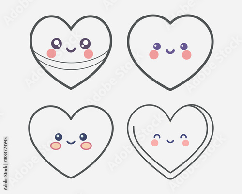 Cute kawaii hearts with happy faces and blushing cheeks