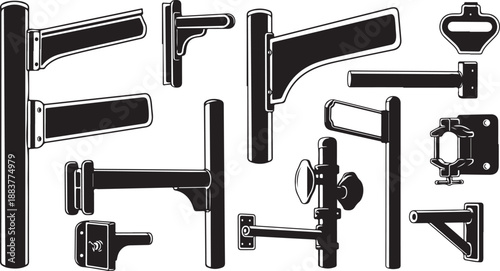 Collection of various door handles and hardware components