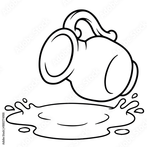 vector A simple outline drawing depicts a classic jug tilted over, actively spilling a liquid that creates a vibrant splash on the surface below.