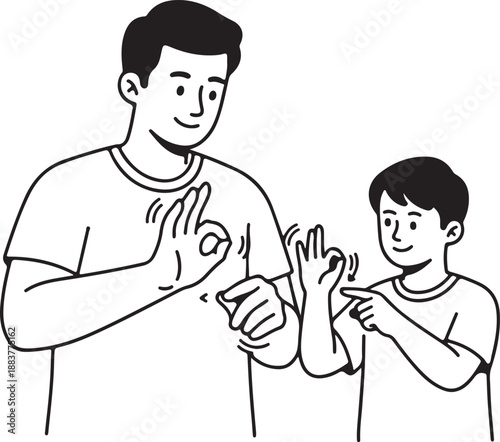 Father and son learning sign language, promoting non-verbal communication and inclusive education in a supportive family environment, ideal for concepts of understanding and connection