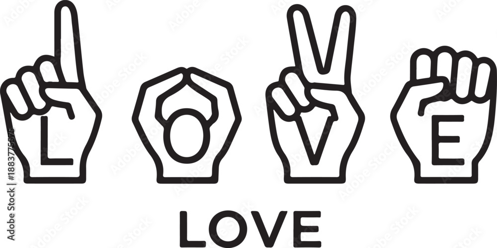 Fototapeta premium Sign Language LOVE Black and white graphic illustration featuring hand gestures spelling 'LOVE' with overlaid letters, representing affection and peace