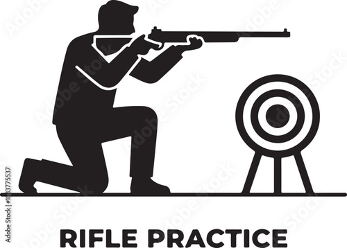 Rifle Practice Icon Man Kneeling and Aiming at a Target, Representing Shooting Sport and Marksmanship Training