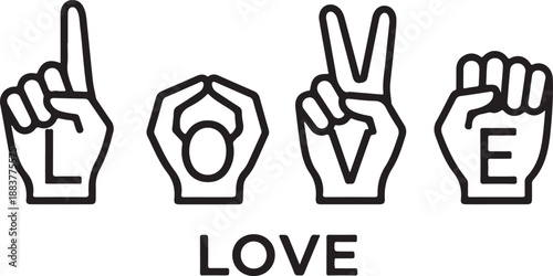 Sign Language LOVE Black and white graphic illustration featuring hand gestures spelling 'LOVE' with overlaid letters, representing affection and peace