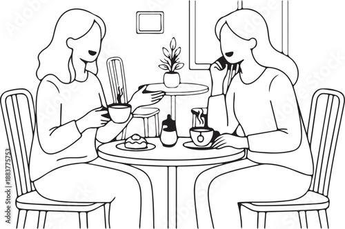 Two smiling young women or female friends enjoying a relaxing coffee break and conversation at a cozy cafe or restaurant, sharing drinks and pastries