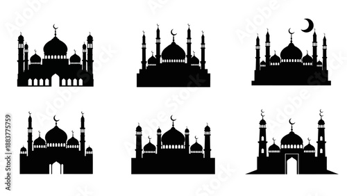 Six black silhouette representations of mosques with domes, minarets, arches, and crescent moons, arranged in two rows against a white background