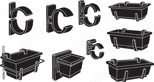 Black metal bathtub holders and brackets in various positions