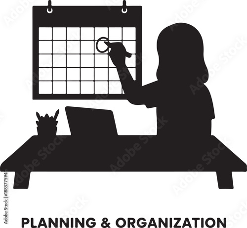Business Planning and Organization Vector Icon Person Marking a Calendar and Managing a Schedule at a Desk, Symbolizing Productivity and Time Management