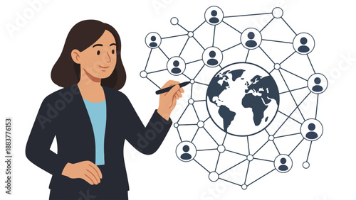 A businesswoman illustrating global connections and networking around the world.