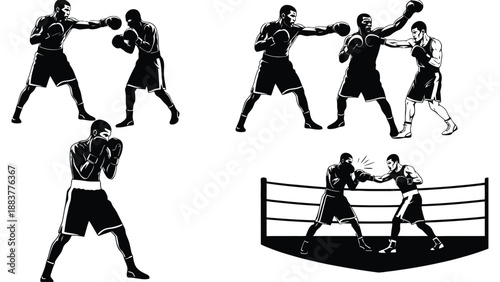 A black and white illustration of boxers in various fighting positions and movements