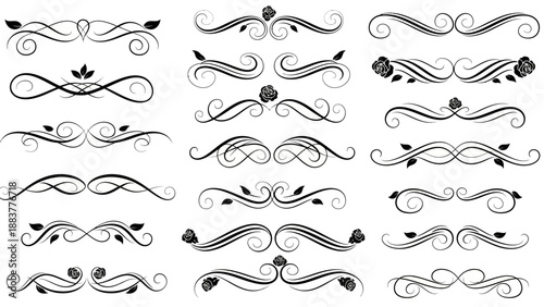 Collection of intricate, black decorative swirls and floral border designs