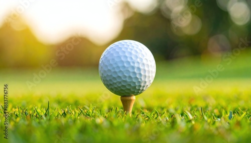 Morning sunlight golf ball focus, fresh green grass, wooden tee, outdoor sport, peaceful mood, ready for a new golfing day.