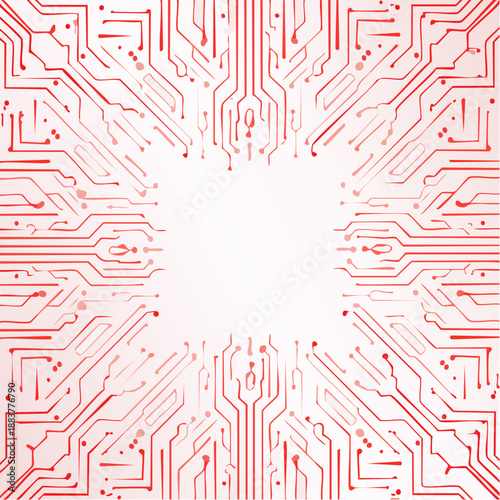 Red circuit board background with central text space. Digital tech pattern showcasing electronic connections and futuristic design for modern presentations. 