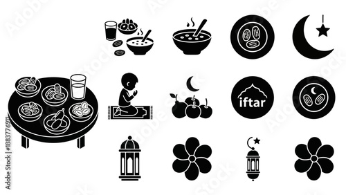 Black silhouette icons depicting Ramadan, iftar meal, child praying, lanterns, crescent moon, and celestial symbols