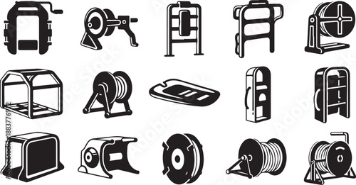 Industrial equipment and machinery icons in black and white