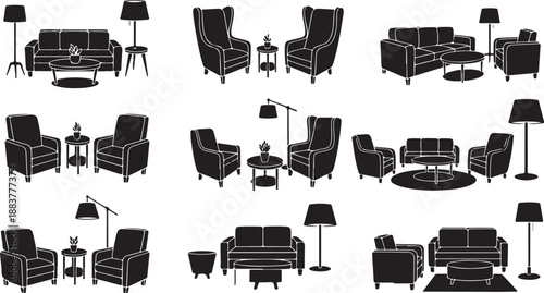 Various living room furniture sets with lamps and tables