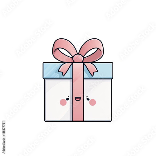 Animated cartoon image of a happy present box, adorned with a pink bow and a cute face