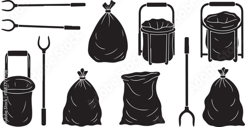 Black and white trash bags and garbage tools illustration