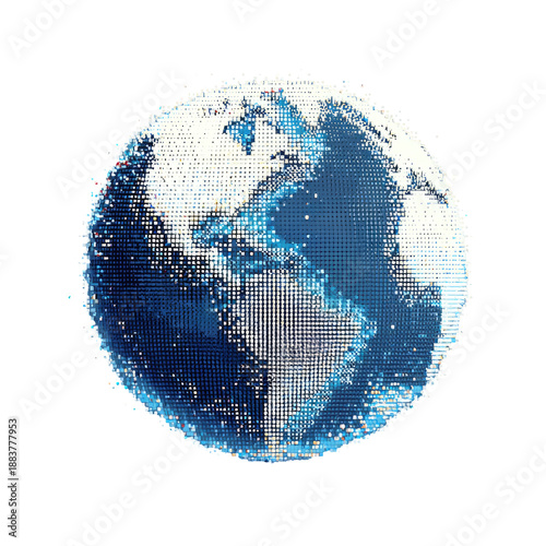 A 3D pixelated globe with shades of blue and white, depicting continents against a black backdrop