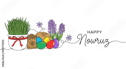 Happy Nowruz illustration features Semeni grass in white pot, traditional sweets, and colored eggs. Continuous line art displays hyacinth blossoms, symbolizing renewal.