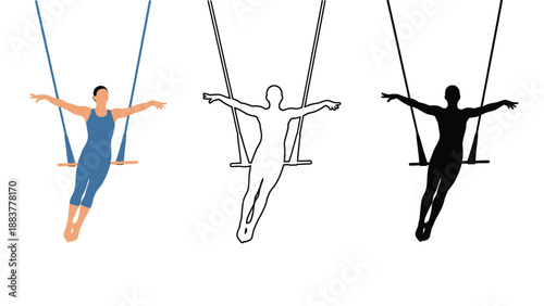 A woman in a blue leotard swinging on a trapeze with different silhouettes