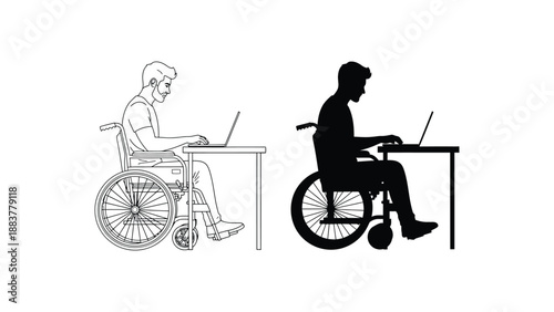 Three men in wheelchairs working on laptops at desks in different styles