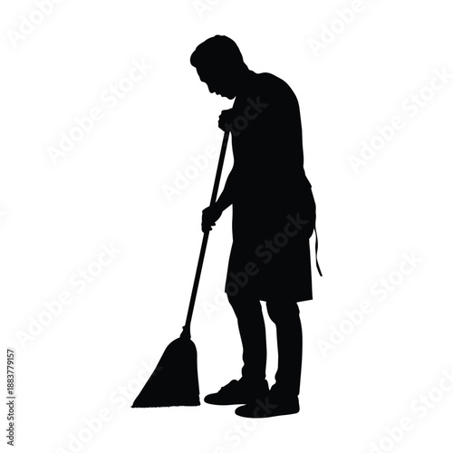 Silhouette of a male worker or homeowner wearing an apron while sweeping the floor. Ideal for janitorial services, home maintenance, chores, and cleaning industry designs.