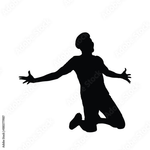 Silhouette of a man on his knees looking up with open arms. Ideal for sports victory, achieving a goal, spiritual prayer, freedom from struggle, happiness, and emotional triumph in life.
