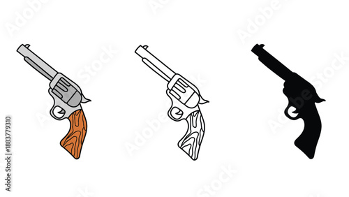 A colorful illustration of three revolver guns in different styles and colors.
