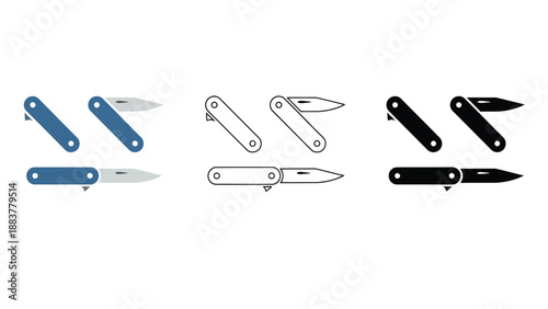 A collection of pocket knives in various colors and line art styles